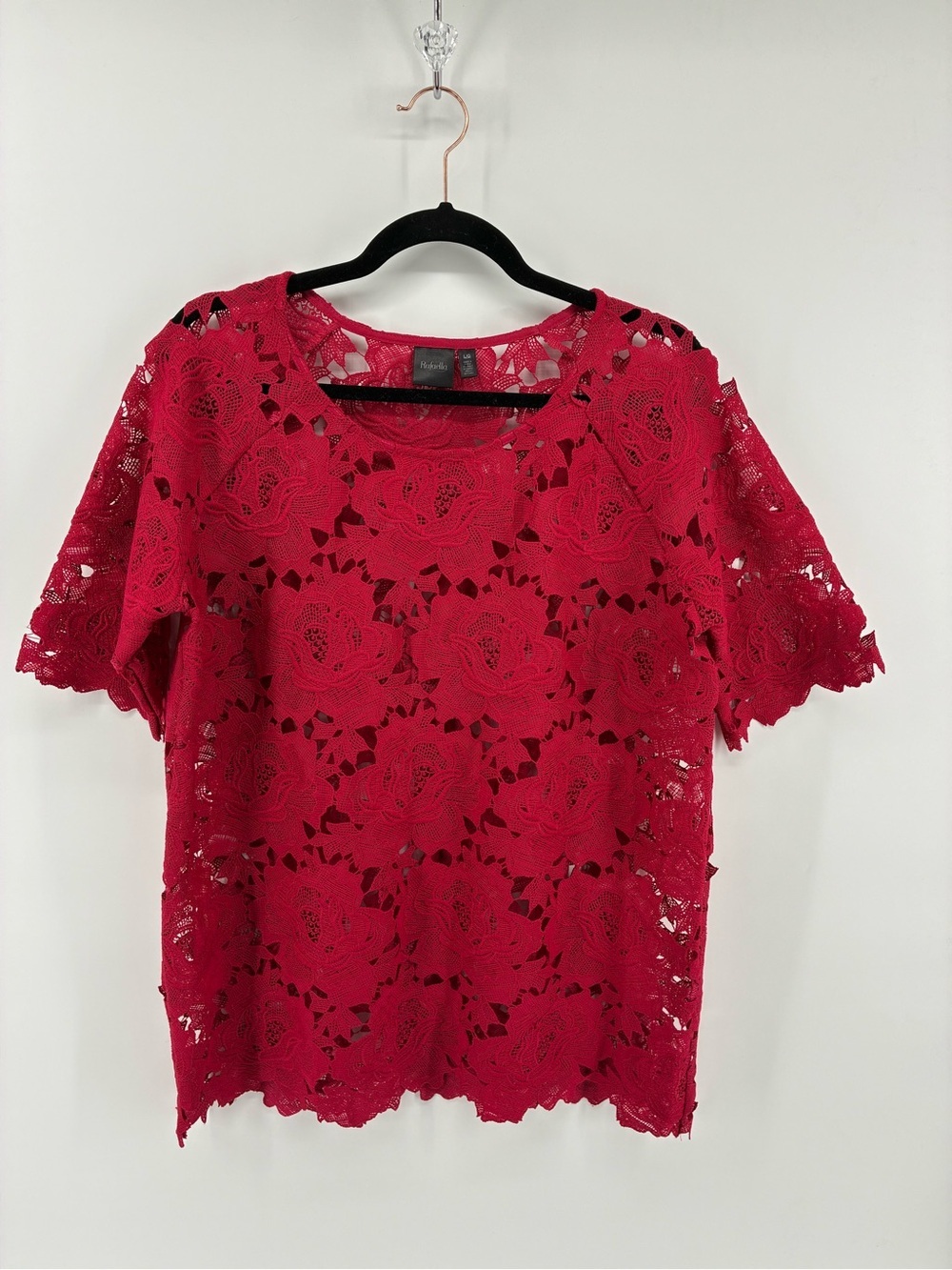 Rafaella Crimson Floral Rose Lace Short Sleeve Top